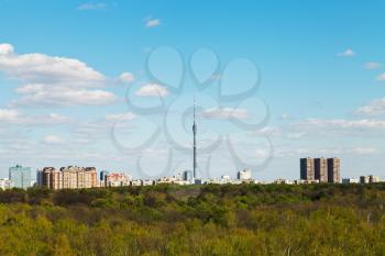 spring skyline with TV tower and urban park in Moscow, Russia