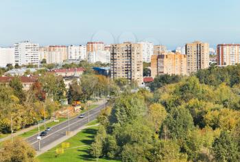 above view of urban street in sunny autumn day, Moscow