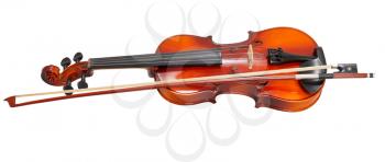 traditional wooden violin with french bow isolated on white background