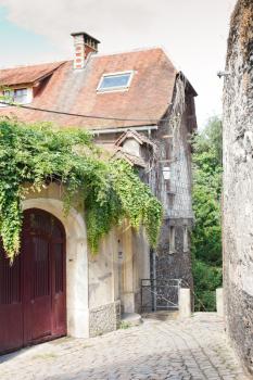 medieval street with half-timbered houses in centre-ville of Angers city, France