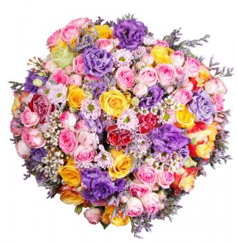 top view of bunch of flowers from roses and chrysanthemums isolated on white background