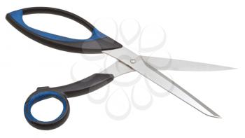 open modern sewing scissors with black and blue handles isolated on white background