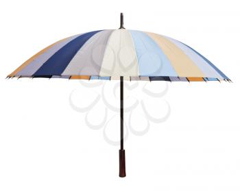 side view of open striped multicolored umbrella isolated on white background