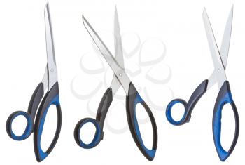 set of modern sewing shears with black and blue handles isolated on white background