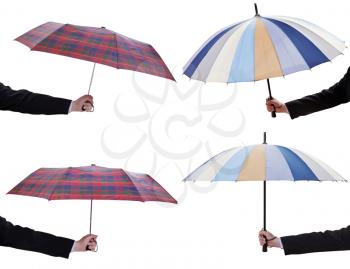set of male hands with open telescopic umbrellas isolated on white background