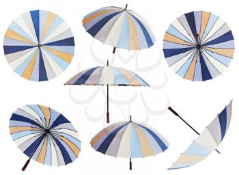 set of open striped multicolored umbrellas isolated on white background