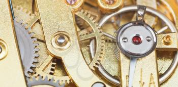 brass mechanical movement of vintage watch close up