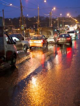 traffic jams in rainy evening in Moscow