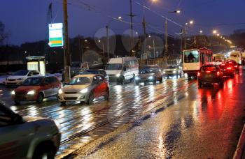 urban street in rainy evening in Moscow