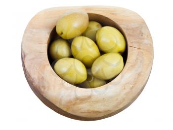 top view of green olives in wooden bowl isolated on white background