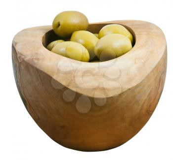green olives in wooden bowl close up isolated on white background