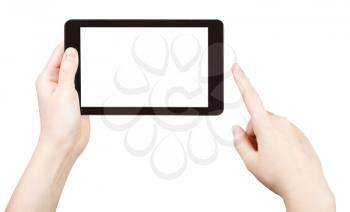 finger clicking tablet pc with cut out screen isolated on white background