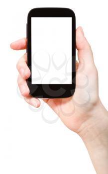 hand holding smart phone with cut out screen isolated on white background