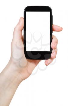 hand holds smartphone with cut out screen isolated on white background