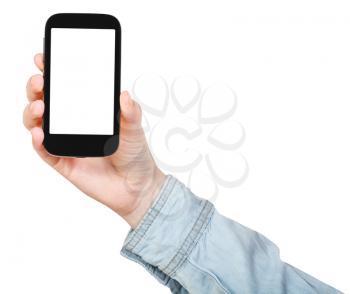 hand in shirt holding smart phone with cut out screen isolated on white background