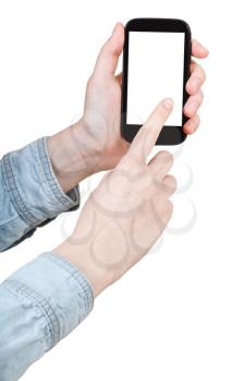 hand in shirt clicking smartphone with cut out screen isolated on white background