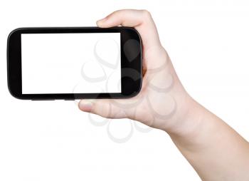 child holds touchscreen phone with cut out screen isolated on white background