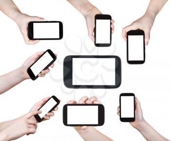 set of children hands with smart phones with cut out screen isolated on white background