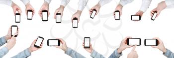 set of businessman hands with mobile phones with cut out screen isolated on white background