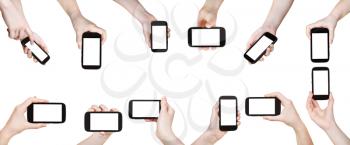 set of hands with mobile phones with cut out screen isolated on white background