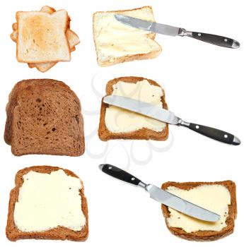 set of bread toasts with butter isolated on white background