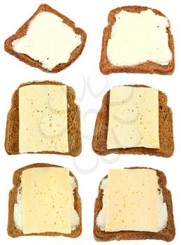 set from sandwich from rye bread, dairy butter and cheese isolated on white background