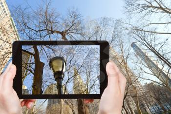 travel concept - tourist takes picture of houses and bare trees in New York in autumn on smartphone,