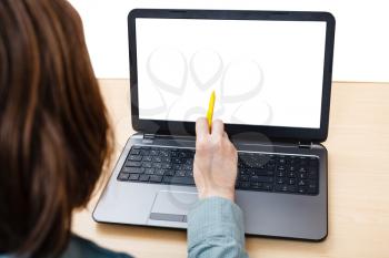 business still life - laptop with isolated screen on office desk isolated on white background