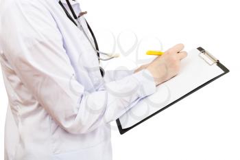 physician writes in clipboard isolated on white background