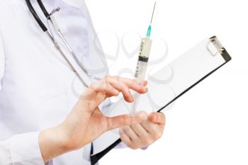 nurse holds syringe and clipboard isolated on white background
