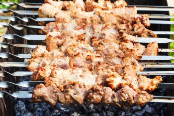skewers with pork shish kebabs on roaster close up