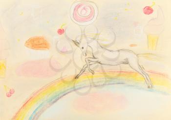 children drawing - fairy unicorn on rainbow by dry pastel