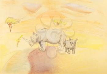 children drawing - rhinoceros with baby rhino in the savannah by dry pastel on yellow paper