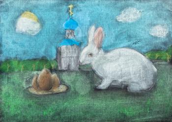 children drawing of Easter symbols - church, eggs, Easter bunny outdoors by dry pastel