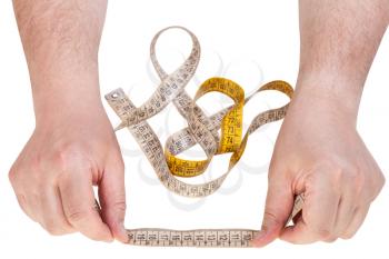 male hands with sartorial measuring tape isolated on white background