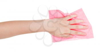 hand with pink wiping rag isolated on white background
