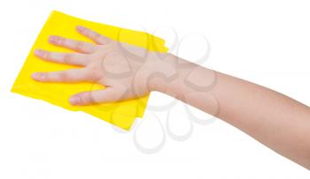 hand with yellow dusting rag isolated on white background
