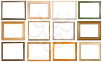 set of 12 pcs various wooden picture frames with cut out blank space isolated on white background