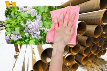 ecology concept - hand deletes industrial landscape by pink cloth from image and spring lilac blossoms are appearing