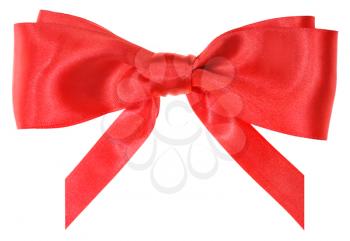 real red silk ribbon bow with vertically cut ends isolated on white background