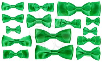 set of various green satin bow knots isolated on white background