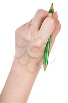 above view of hand draws by green pencil isolated on white background