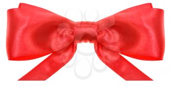 symmetrical red satin ribbon bow with horizontal cut ends isolated on white background