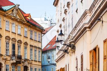 travel to Bratislava city - facades of apartment houses at Franciscan Square in old town Bratislava