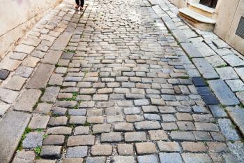 travel to Bratislava city - stones on medieval cobbled Bastova street in Bratislava