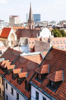 travel to Bratislava city - above view of orange tile roofs in old town of Bratislava