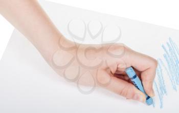 hand draws by blue crayon on sheet of paper isolated on white background