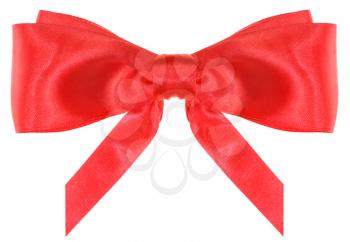 symmetric red silk ribbon bow with vertically cut ends isolated on white background