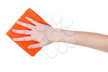 top view of hand with orange wiping rag isolated on white background