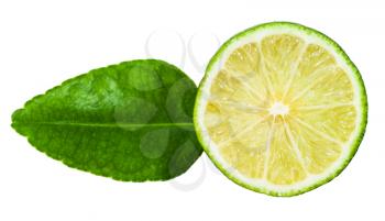 half of fresh green kaffir lime fruit with leaf isolated on white background